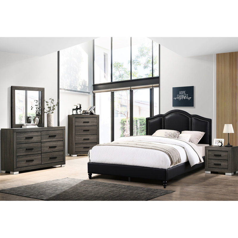 Table de chevet en bois gris, 2 tiroirs, poignées noires - attrayant ajout attrayant