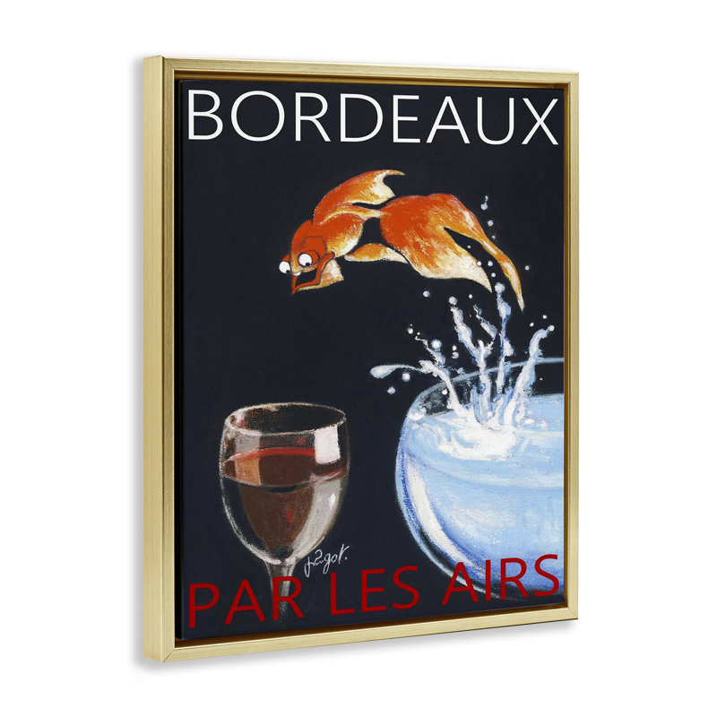 «Bordeaux Goldfish Into Wine», art mural sur toile flottant noir, design par Jean-Pierre Got, H 31 po x l 25 po