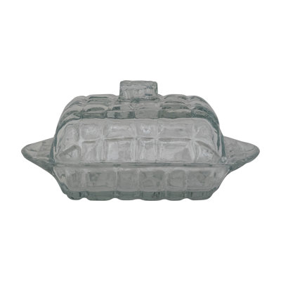 Pressed Glass Butter Dish With Grid Pattern