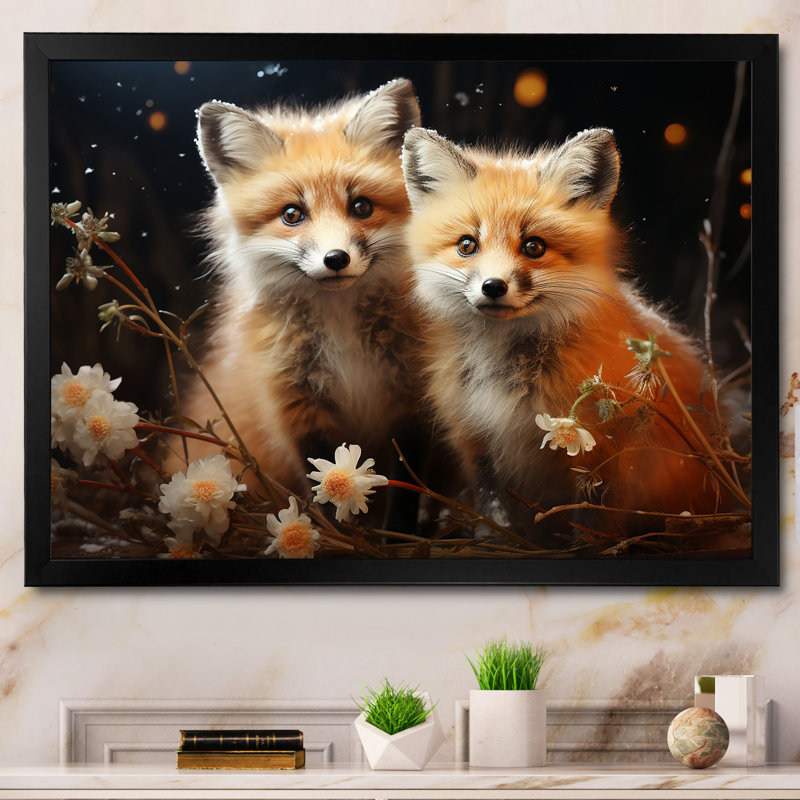 Printemps, renards mignons, regard III - art mural animal renard, Cadre d'angle fermé noir, H 16 po x l 32 po x P 1 po