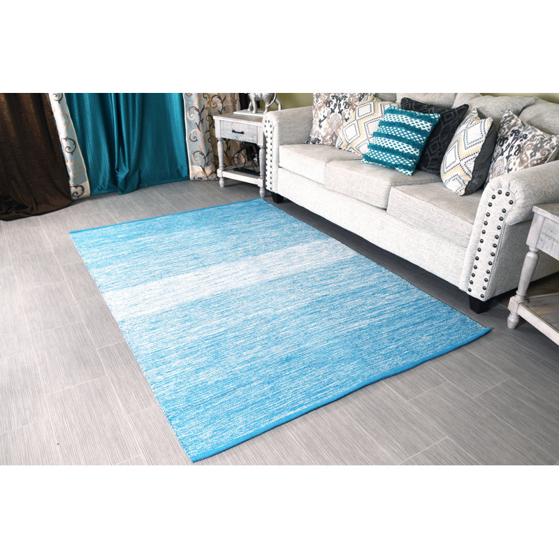 Tapis bleu turquoise en coton dégradé fait main à tissage plat Langsten