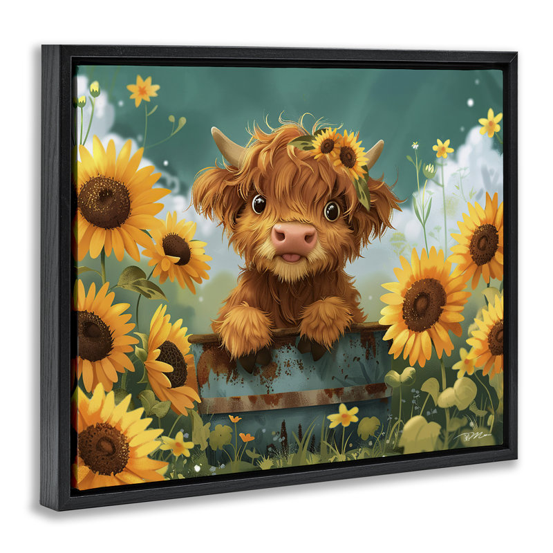 Cute Happy Highland Cow Floating Frame, design by Momart, Jet Black Floater Frame, 17" H x 21" W