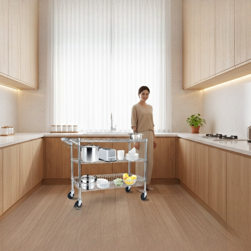 Chariot utilitaire roulant robuste à trois niveaux, avec roues, poignée et doublure de tablette. Dimensions: 36 x 18 x 32 pouces. Convient pour le rangement dans les cuisines, les restaurants, les présentoirs de plantes, fini en chrome.