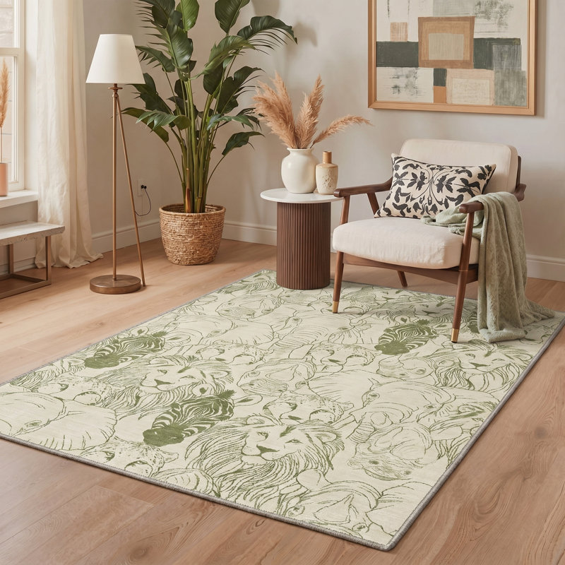 Safari Silk Animal Print Machine Washable Green / Beige Indoor Area Rug with Non-Slip Backing, Round 5'