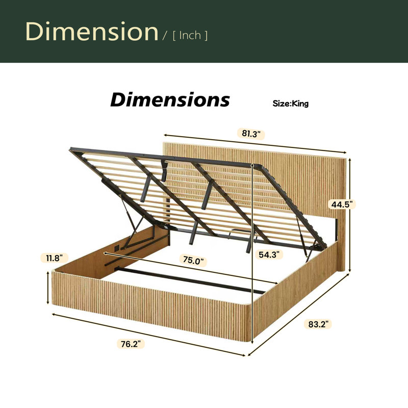 Structure de lit très grand avec rangement relevable, lignes courbes en bois ondulé, rangement hydraulique / aucun sommier requis