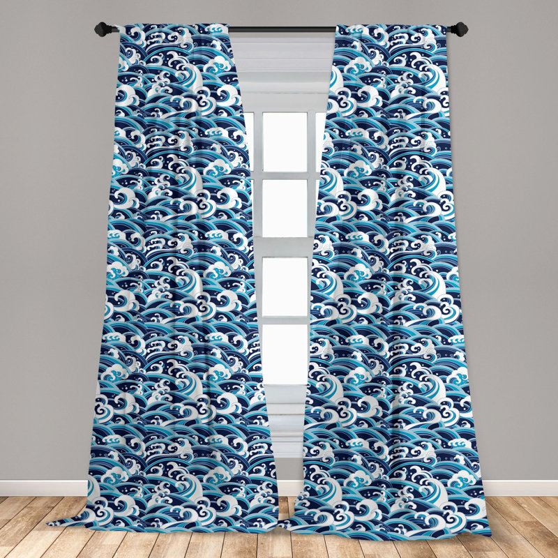 Blue Wave Pattern Rod Pocket Light Filtering Curtain Pair
