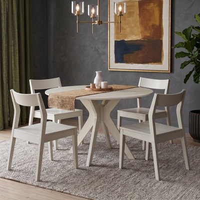 Xavion & Morven Mid-Century Solid Wood 5-Piece Dining Set, 48'' Round Table with Sculpted Splayed Legs & 4 Angular Back Stackable Chairs, Classic White Oak