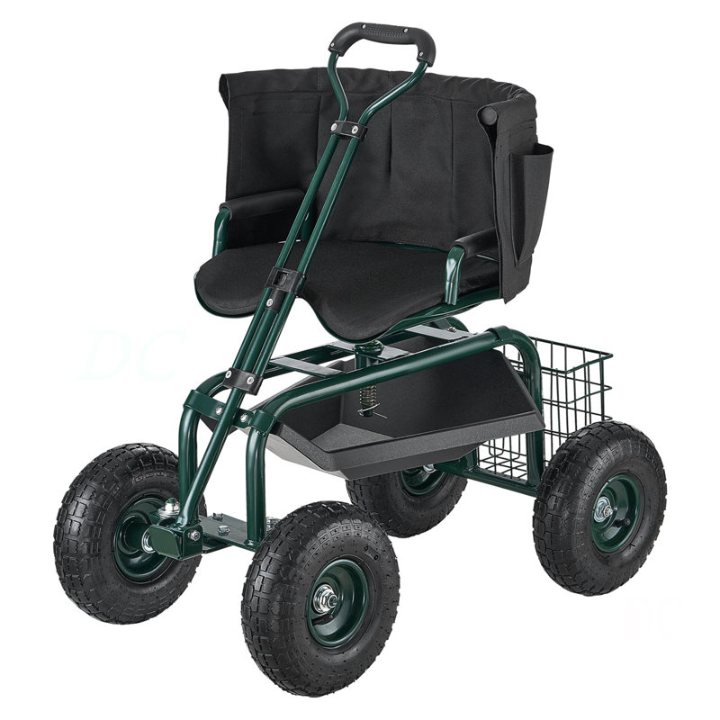 Chariot de jardin roulant avec siège pivotant et poignée extensible