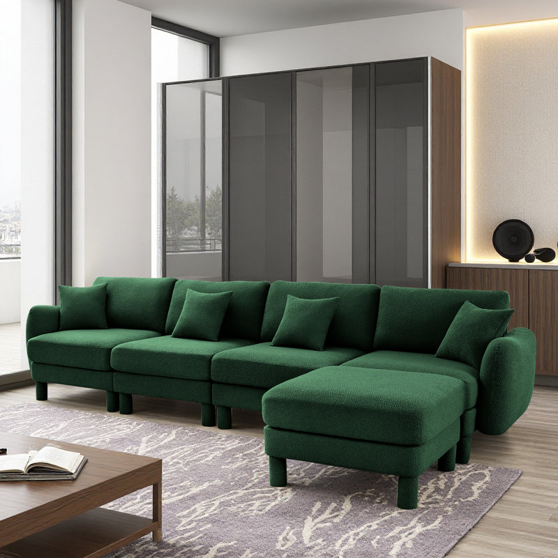 Boucle Fabric Convertible L Shape Sectional 4-Seater Sofa Couch With Distinctive Shell-Shaped Armrests And Removable Ottoman