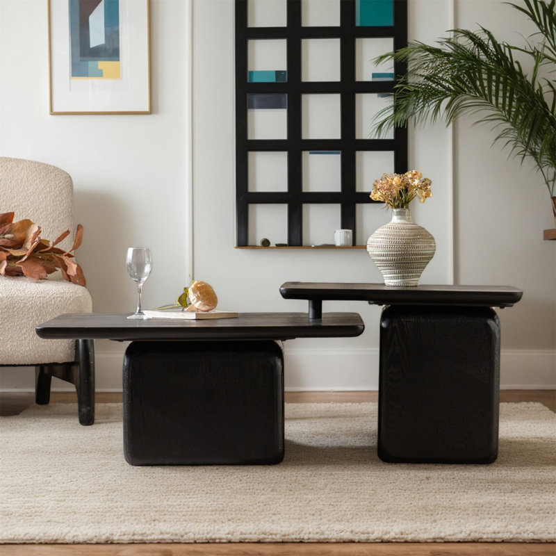 Ensemble de tables basses carrées de style rétro avec finition grain de bois (table seulement), Noir