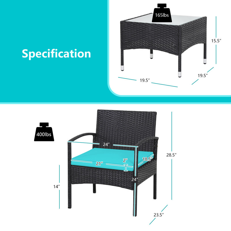 Ensemble de conversation en osier avec coussins Sunbrella 3 pièces Patiojoy, Turquoise