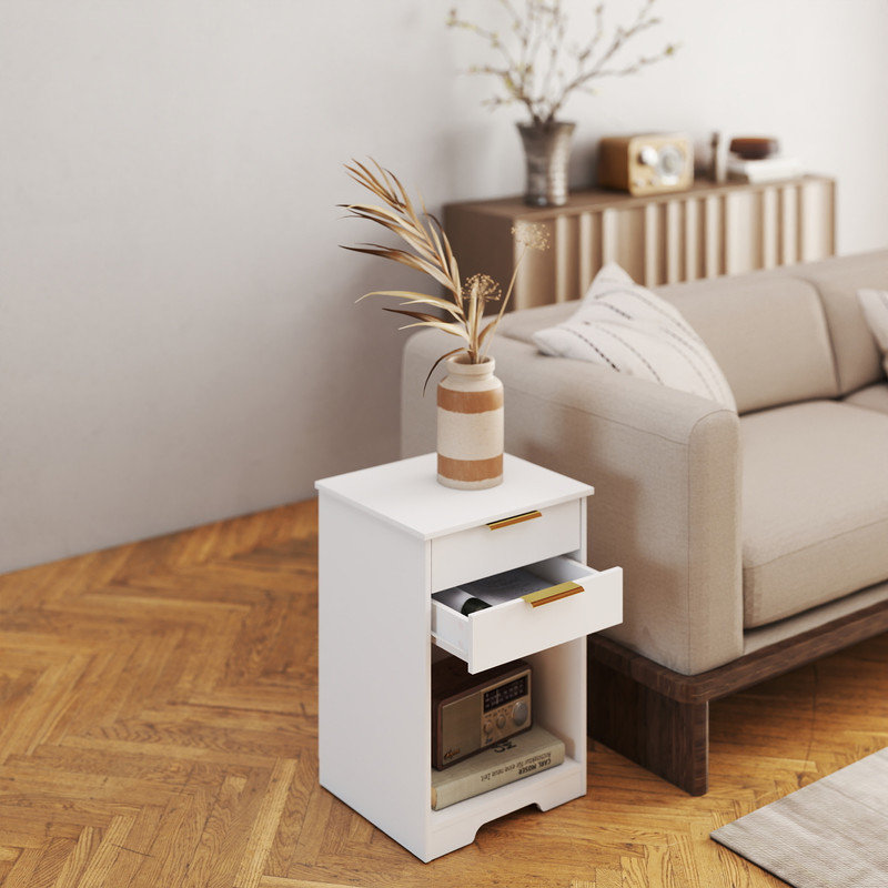 Table de chevet moderne avec 2 tiroirs et tablette ouverte, poignée décorative dorée
