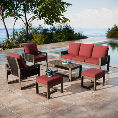 6-Piece Outdoor Patio Cedar Wood Brown Round Wicker Sofa Seating Group with Olefin Thick Cushions, Squre Slat Coffee Table, Ottomans