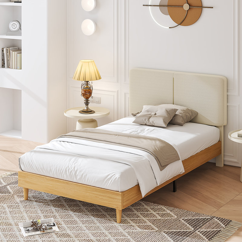 Binnett Upholstered Platform Bed with Natural Wood Frame Mid-Century Modern Adjustable Headboard, No Box Spring Needed, Silent Wood Slat Support Twin Bed Frame