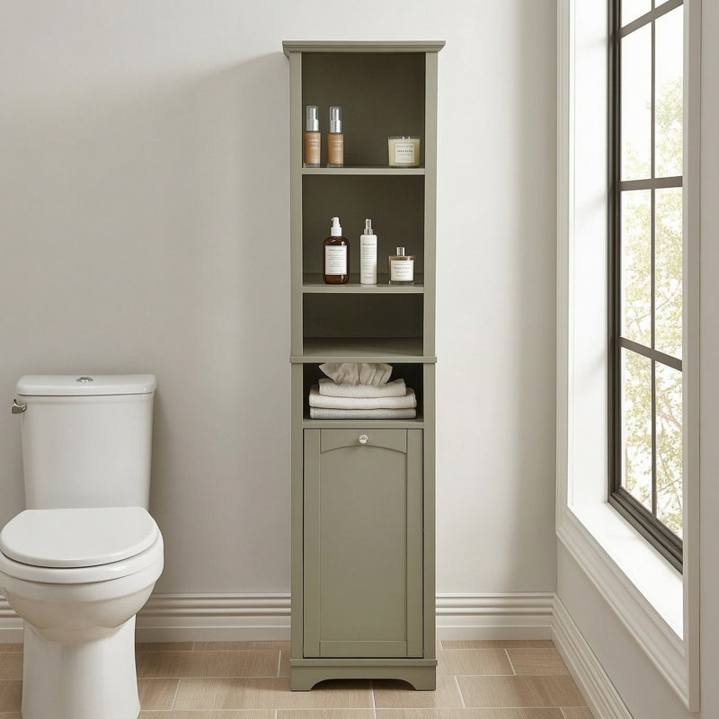 64" Tall Bathroom Storage Cabinet with 4 Open Shelves and Laundry Hamper for Small Space, Gray