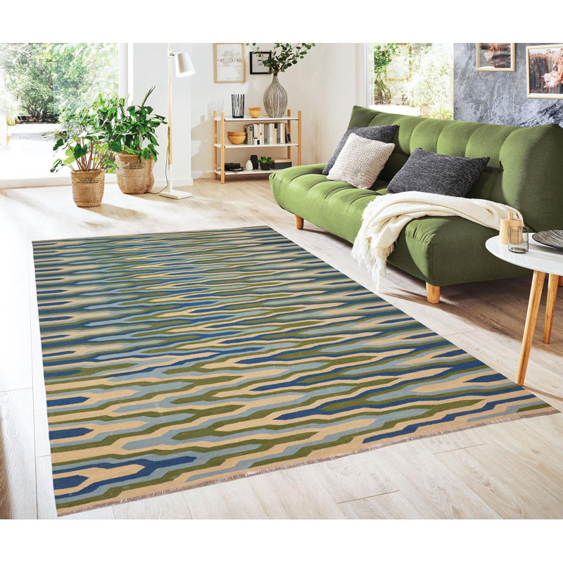 Tapis bleu / beige / vert / en laine noué à la main Andi