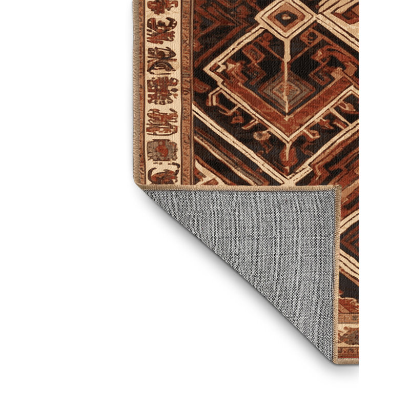 Machine Washable Art Deco Brown Area Rug, Round 3'