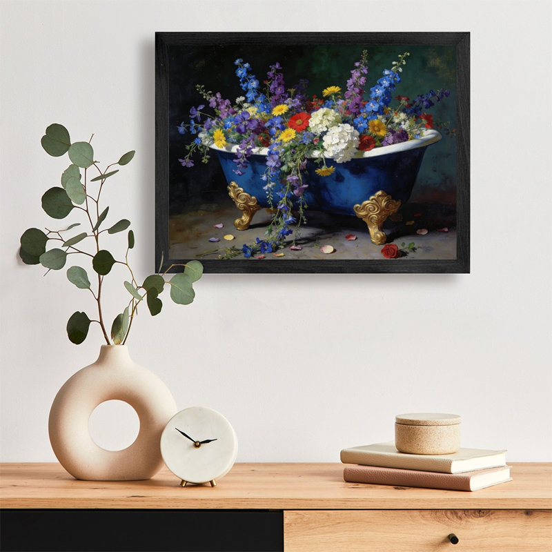 Art mural rétro noir avec baignoire florale rétro, impressions de style réalisme classique, H 9 po x l 11 po