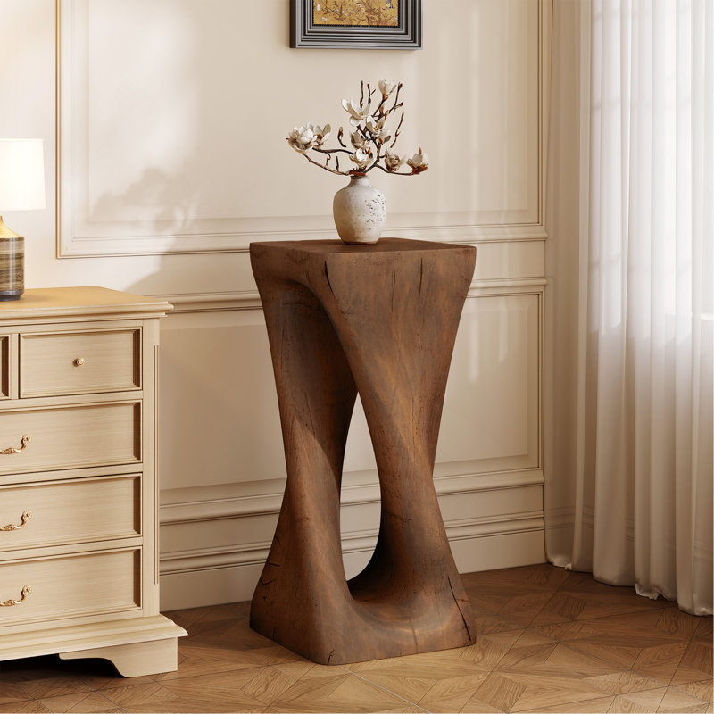 Table d'appoint d'extérieur, table de bout en forme de torsion, table d'appoint décorative, table de tabouret de jardin pour terrasse de balcon, côté piscine, béton léger, texture semblable au bois, couleur brun antique