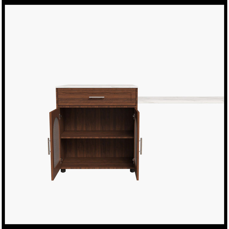 80" Expandable Kitchen Island With Dining Table, Marble-Grain Countertop & Power Outlet, Mobile Storage Cart With Cabinet & 2 Drawers, Walnut Finish Kitchen Prep Table