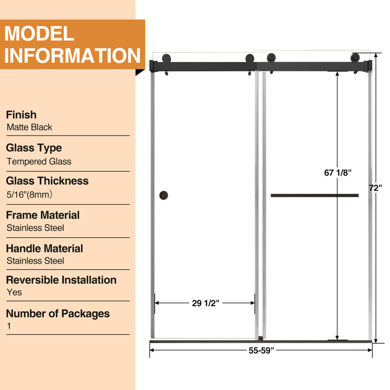 55-59" W x 72" H Frameless Shower Door, Double Sliding Shower Enclosure with 5/16" (8mm) Tempered Glass, Easy-Clean Coating, Matte Balck