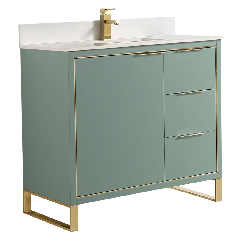Meuble-lavabo sur pied simple 36 po avec plateau en pierre Geselle, Vert menthe, Laiton satiné