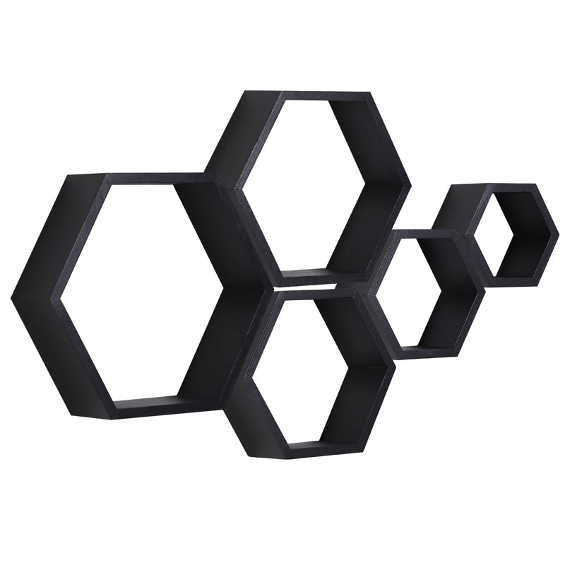 Roshonda Hexagon Wood Floating Shelf, Black