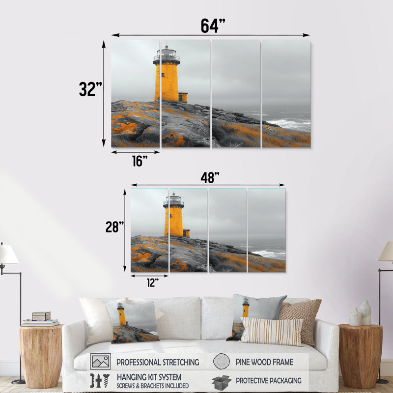 Photo de phare jaune jaune au Canada I - ensemble d'art mural sur toile phares, H 28 po x l 48 po