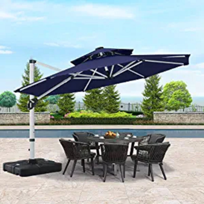 Parasol de patio extérieur en porte-à-faux 9 pi avec pivotement sur 360 °, bleu marine