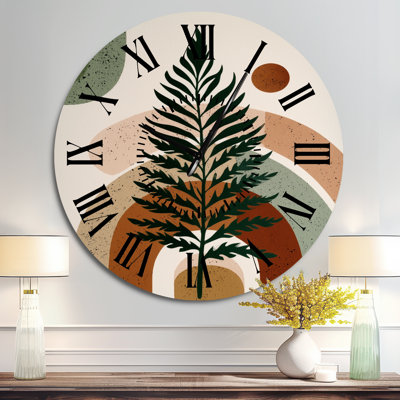 Green Brown Minimalism Fern Composition - Mid-Century Metal Wall Clock
