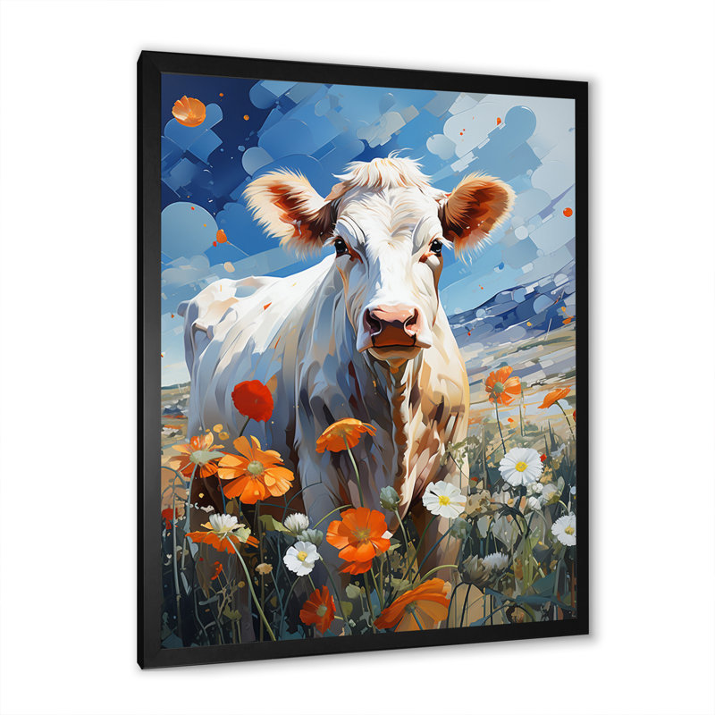 «Cow Cow Floral Grazing II», reproduction sur toile, Cadre photo noir simple, H 20 po x l 12 po x P 1 po