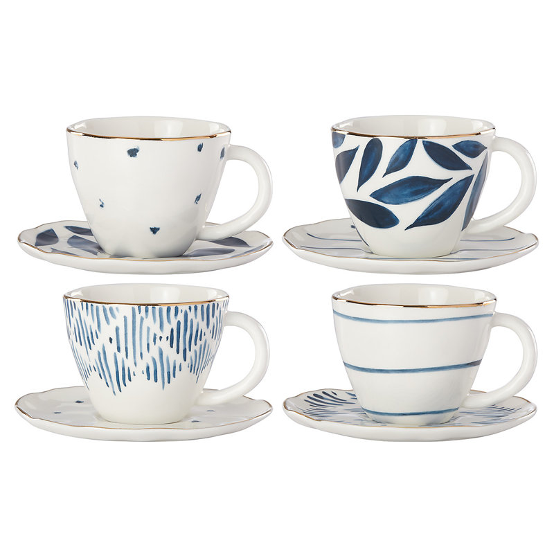 Blue and White Floral Geometric Espresso Cup and Saucer Set, 4-Piece