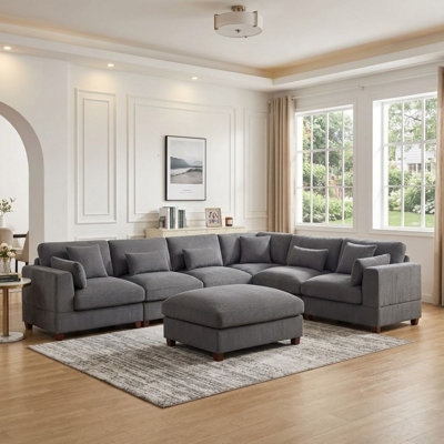Bradshaw 136"W 7-Pieces Corduroy Modern Sectional Sofa L-Shape with Ottoman