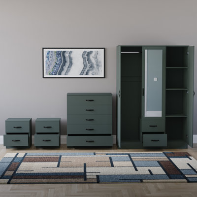 Tayce 4 Piece Bedroom Set (2 Drawer Bedside Chest X2, 5 Drawer Chest, 3 Door 2 Drawer Mirrored Wardrobe)