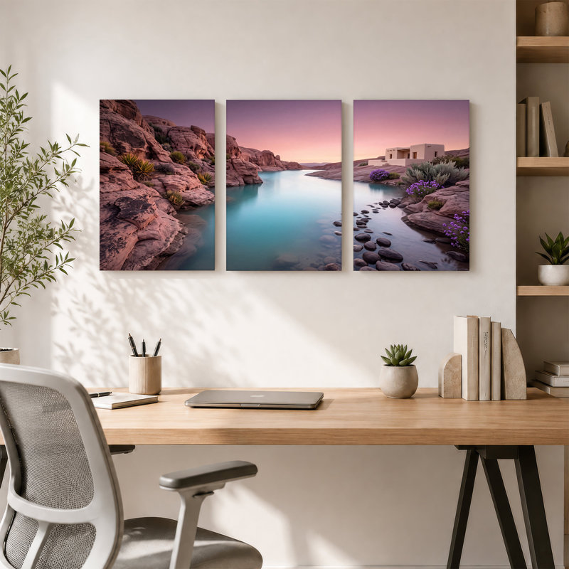 «Red Rock Canyon River» avec art mural sur toile, maison blanche et fleurs mauves au coucher du soleil