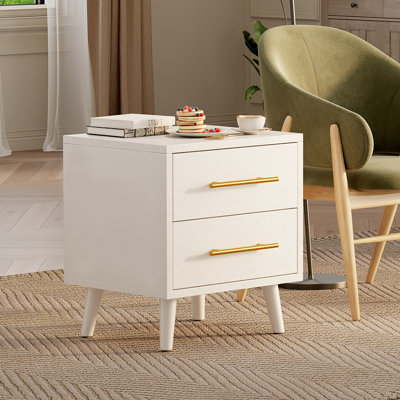 Modern Wooden 2-Drawer Nightstand with Metal Handles and Tapered Legs