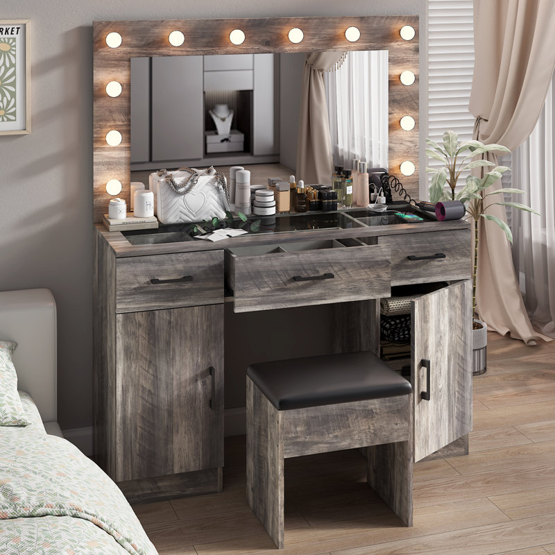 Grand ensemble de coiffeuse avec lumières, USB et prise de courant, 3 tiroirs, Gris