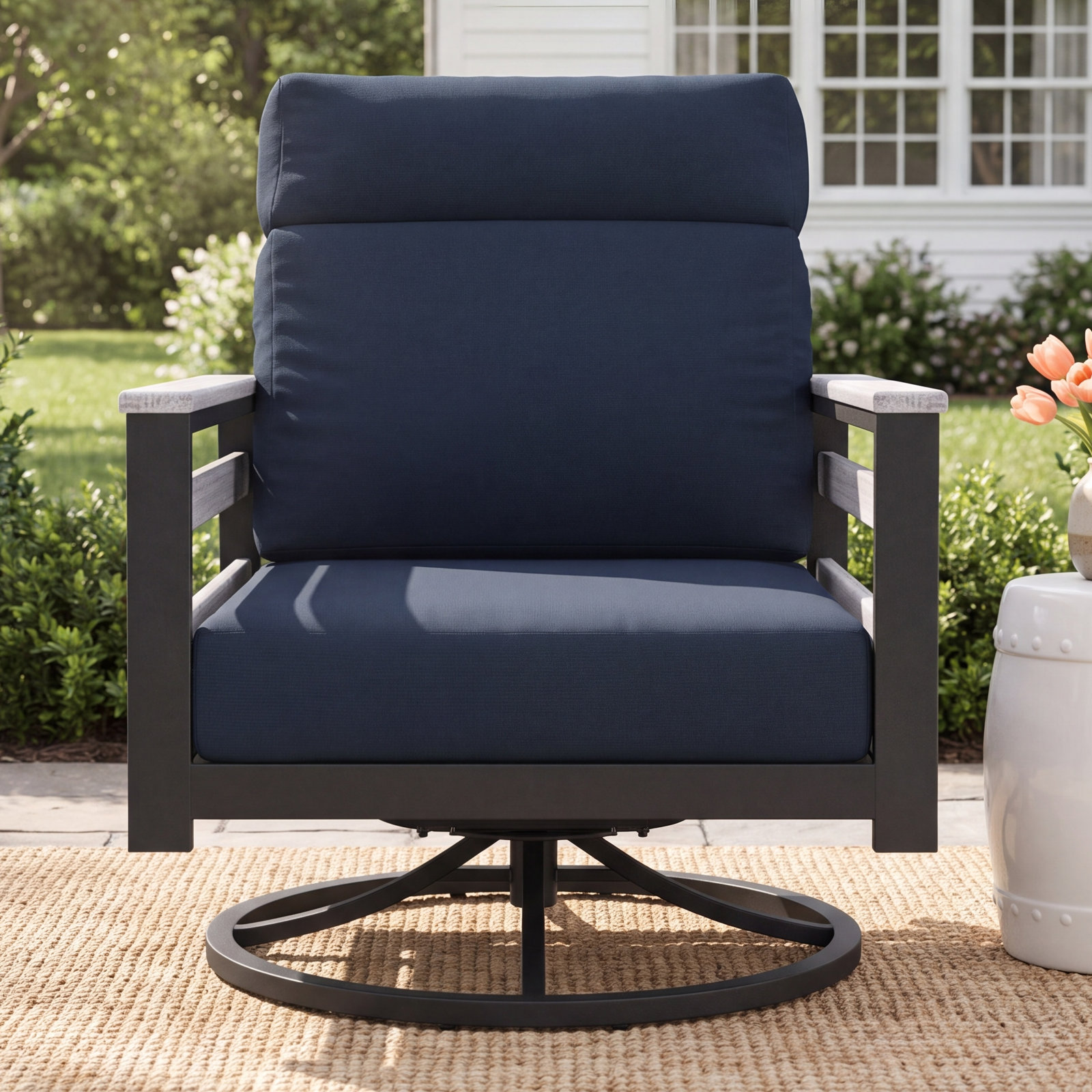 Townsend Sunbrella® Swivel Patio Lounge Chair, White, Canvas Navy