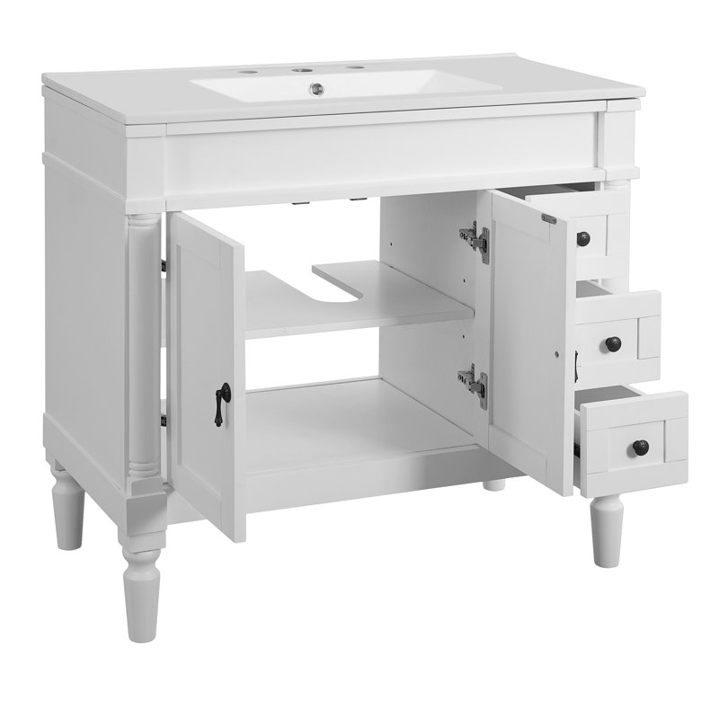 Exquisite 36" Bathroom Vanity With Ceramic Top, Black, White