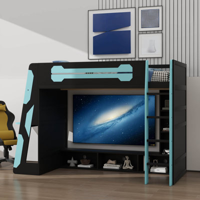 Lit mezzanine simple pour les joueurs adolescents et adultes, comprend un bureau, des unités de rangement, une échelle, une barrière de sécurité et des lumières DEL