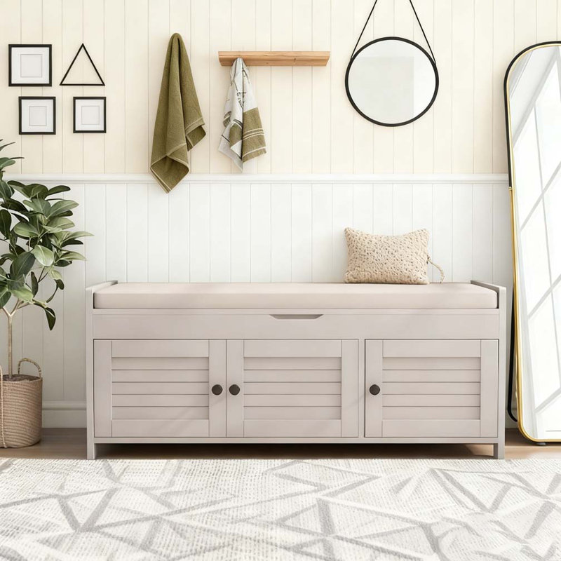 Banc de rangement avec 3 portes en forme de volet, Gris délavé