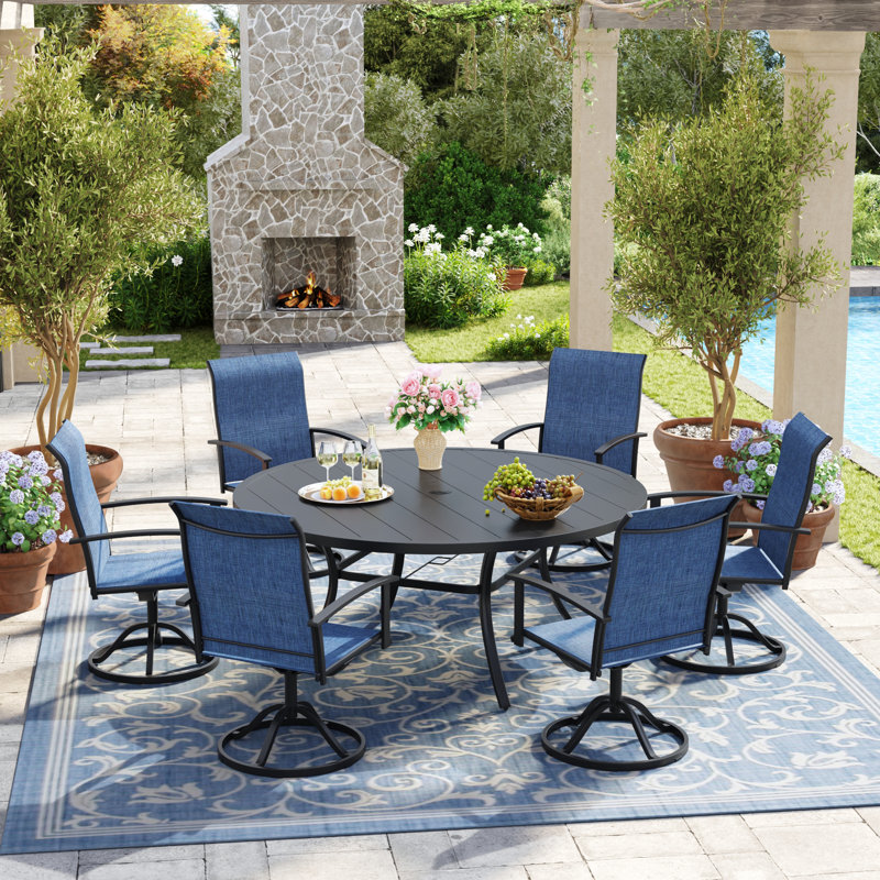 Ensemble de salle à manger de patio rond 6 chaises avec chaises pivotantes en polyester enduit de PVC 360 ° Peroson