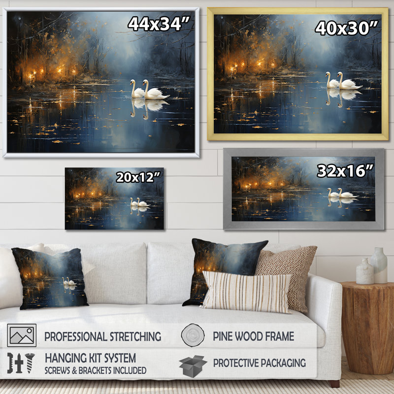 Blanc cygne harmonie clair de lune étang IV - cygnes animaux, art mural, Cadre flottant doré, H 16 po x l 32 po x P 1 po
