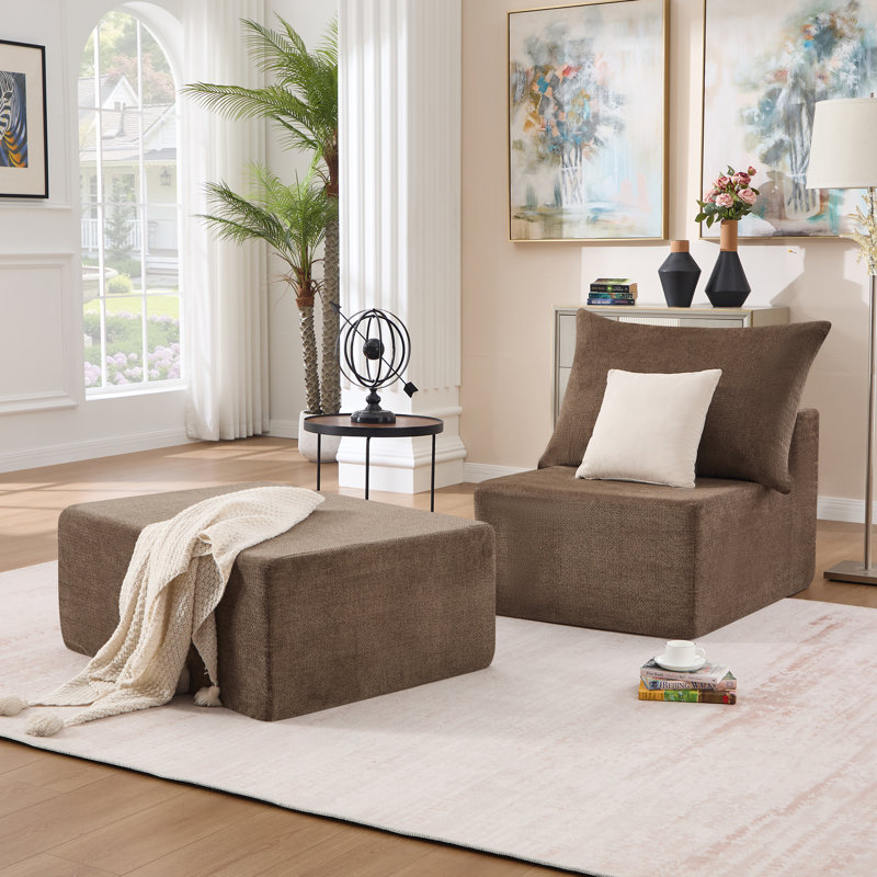 36.6" Chaise Chair Armless Single Ottoman Compression Frameless Lounger   , Brown Chenille