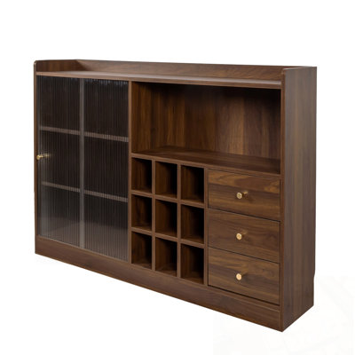 Sideboard With 2 Sliding Striped Glass Doors, Freestanding Countertop Storage Cabinet For Bottles, Wine And So On