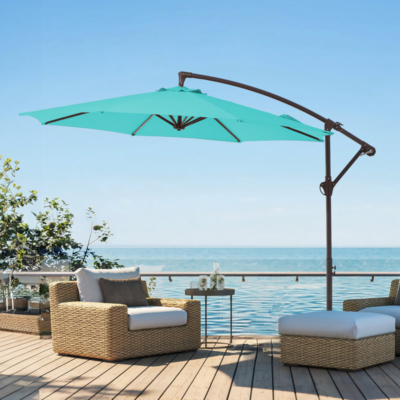 Parasol en porte-à-faux décalé en acier avec manivelle 120 po Haque, H 98,4 po x l 120 po x P 120 po, Bleu paon