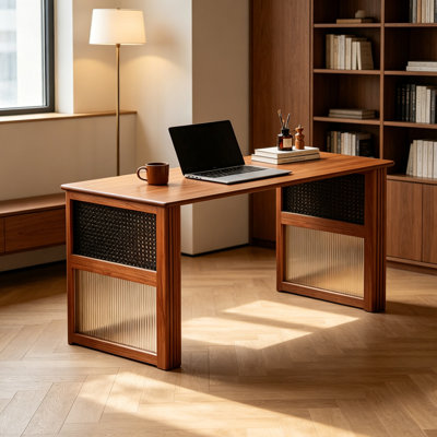 Brown Durable Pine Wood Rectangular Writing Desk
