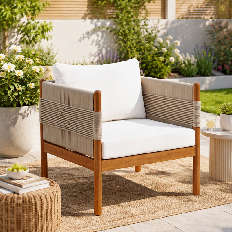 Fauteuil club d'extérieur en bois d'acacia durable avec tissage à la main en corde de diamant et coussins moelleux