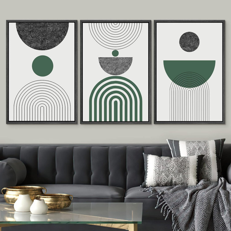 «Mid Century Modern Boho Green Abstract», reproduction sur toile 3 pièces, H 24 po x l 48 po x P 1,5 po, Noir