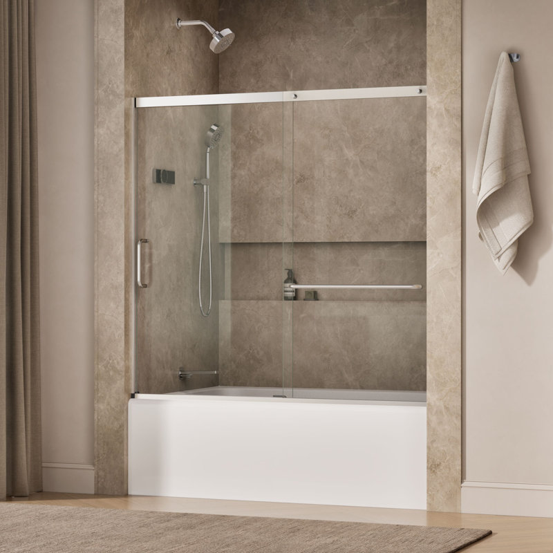 Elate Sliding Bath Door, 56-3/4-In H X 56-1/4 - 59-5/8-In W With Heavy 5/16-In Thick Crystal Clear Glass, Silver